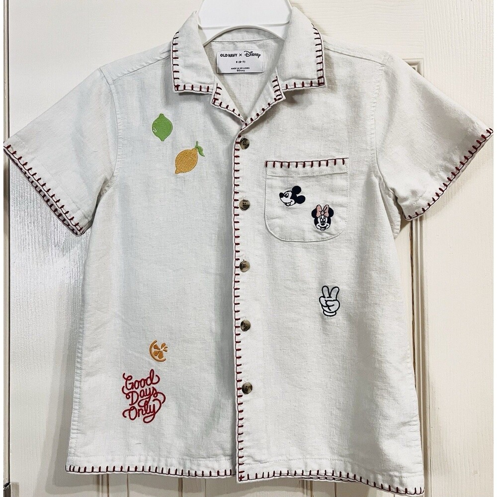 Old Navy Disney Mickey Minnie Embroidered Camp Shirt Linen Blend Kids S 6-7 EUC